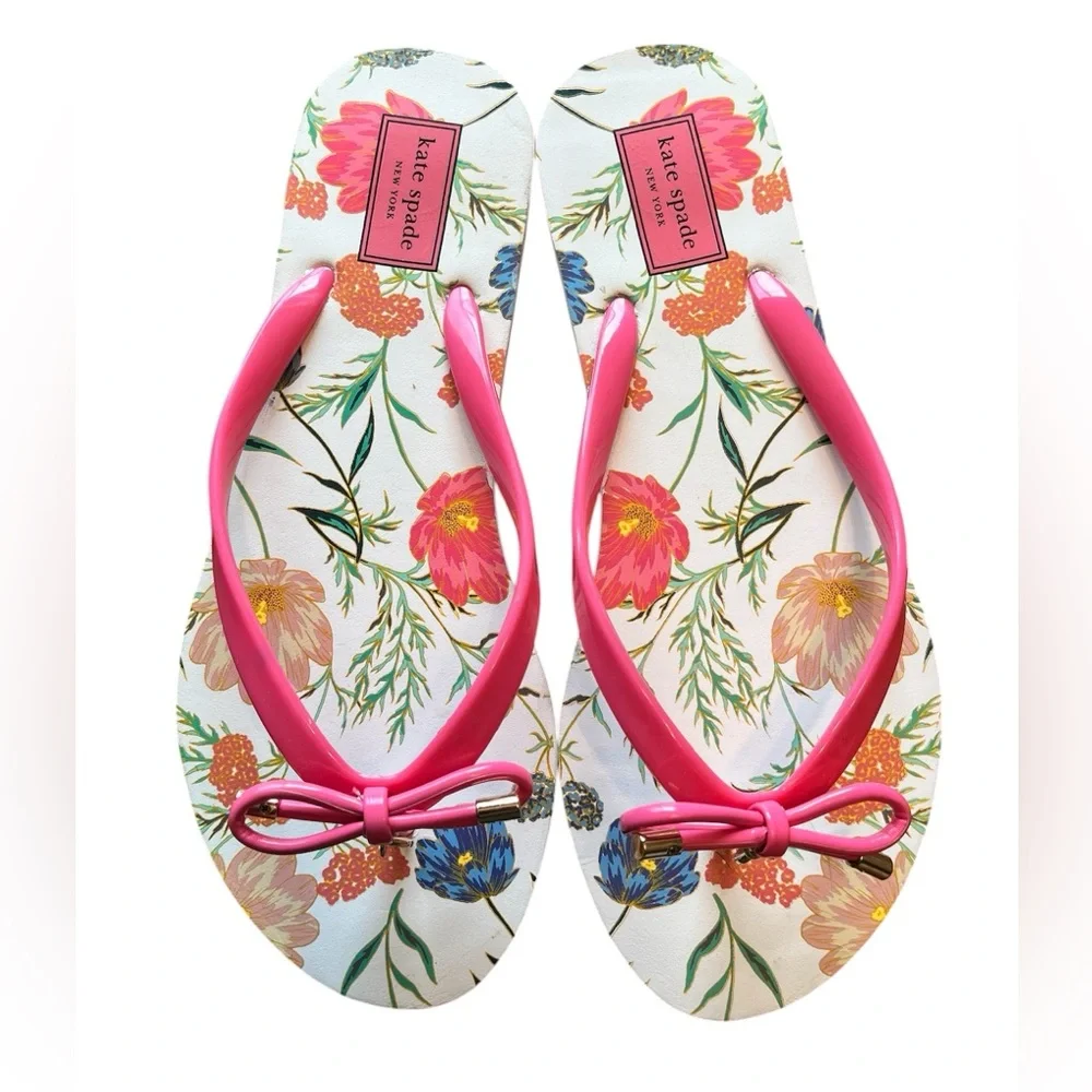 NWOT Kate Spade Pink Floral/Bow Women's Flip Flops Size 7-8 - Picture 2 of 6